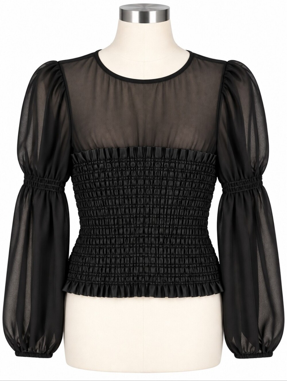 ZARA Black Faux Leather Smocked Sheer Mesh Long Sleeve Top Blouse Women's Size S